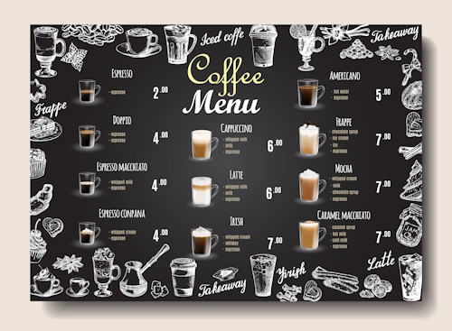 Laminated menus and price lists for cafes